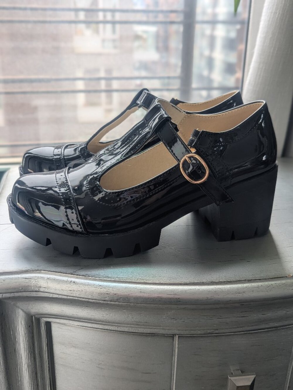 Women's T-Strap Brogue Block Heel Mary Jane × 1 Black / 7.5 (38)